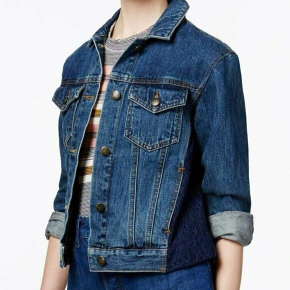 FREE PEOPLE NWT Floral Lace & Dark Denim Jean Jacket – Size XS - Picture 1 of 13